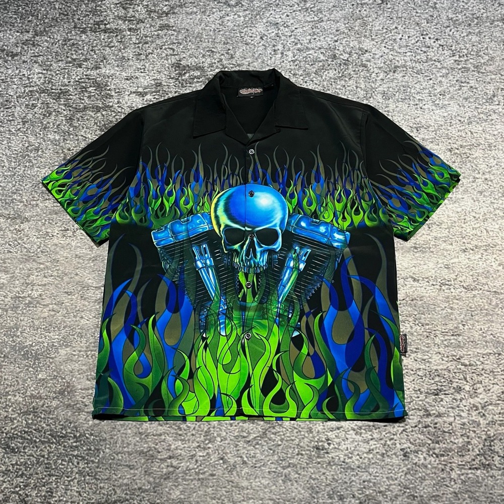 Vintage Y2K Sapphire Lounge Button Up Shirt XL Black‎ Green Grunge Skull Flames